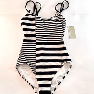 NWT MICHAEL KORS ONE PIECE SWIMSUIT BLACK/WHITE STRIPE CRUISE 2020
